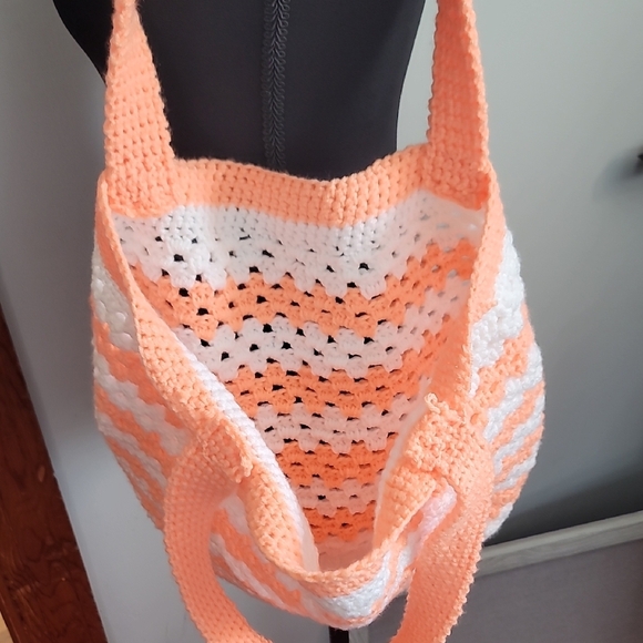 Orange and White Tote Bag with Lace Trim - Picture 5 of 6